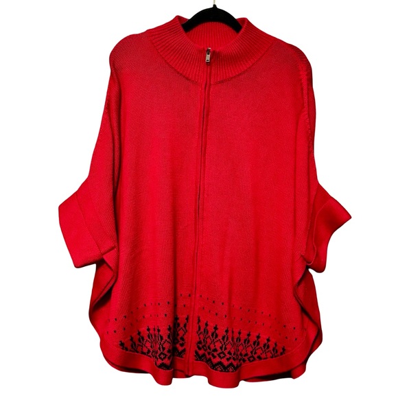 Talbots Sweaters - Talbots Zip Front Mock Neck Drop Shoulder Dolmain Sleeve Red Cotton Poncho L/XL